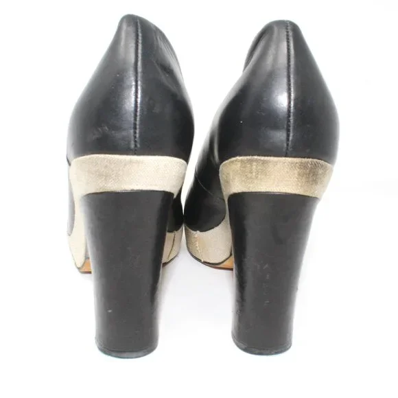 Taryn by Taryn Rose Size 9 Black Leather Linen Platform Wedge Peep Toe Heels - Picture 9 of 11